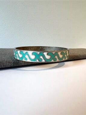Vintage Lucky Brand Bangle Bracelet Turquoise White Enamel Silver Tone 2.75”